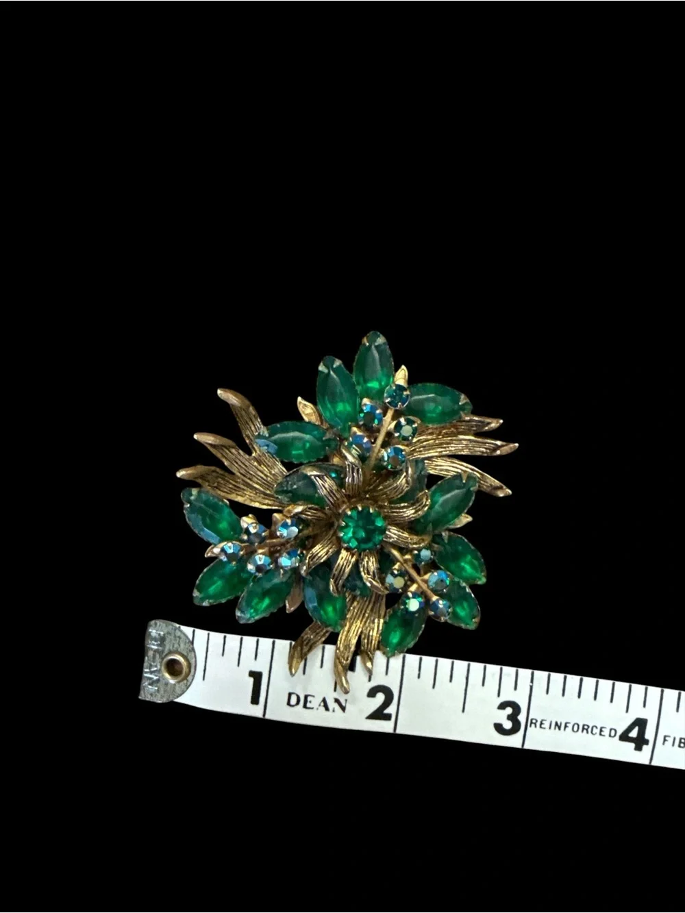 Vintage Emerald Green Rhinestone Floral Brooch Gold Tone Aurora Borealis Stateme